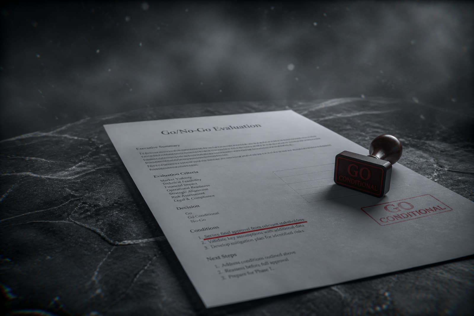 Raport Go / No-Go z pieczątką Go Conditional i podkreśloną czerwonym tuszem luką w dokumencie